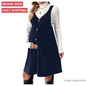 Maternity Sleeveless V-Neck Button Front Straight Pinafore Dress